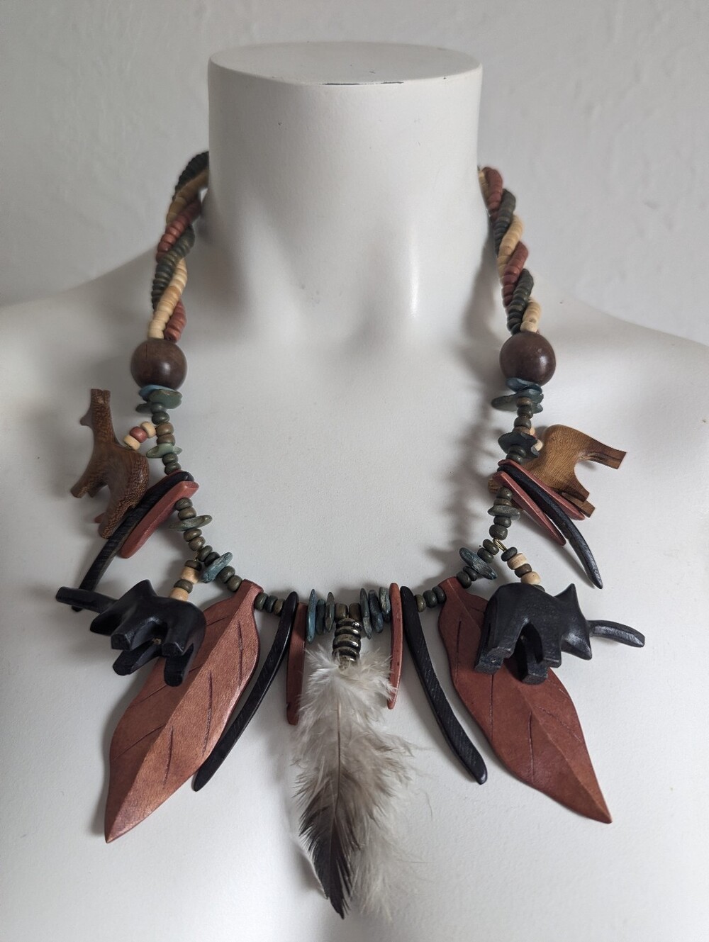 Fun! Vintage Wooden Jungle Animals Feather Collar Statement Necklace